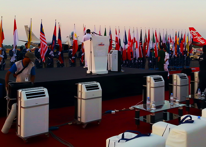 A display of TK Rentals’ 1.5HP Portable air cond rental units at an outdoor event.