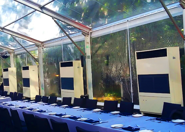 A display of TK Rentals’ 10HP Floor Standing air cond rental units at an event.