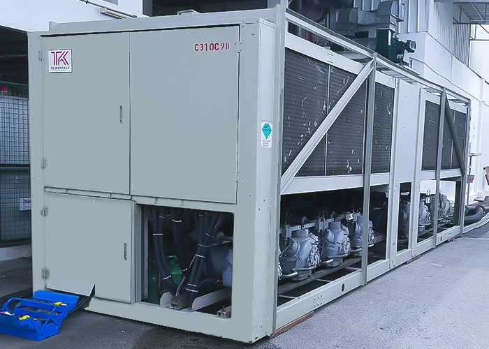 A display of TK Rental’s Air-Cooled Chiller Rental units for Factory.