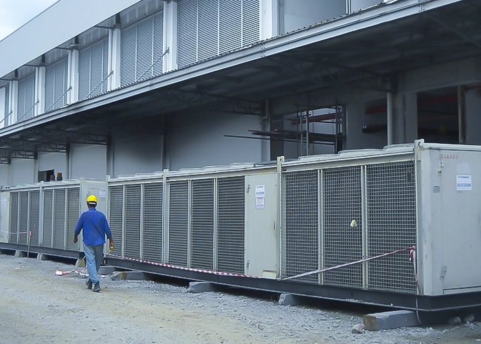 A display of TK Rentals’ Air-Cooled Chiller Rental units for Manufacturing.