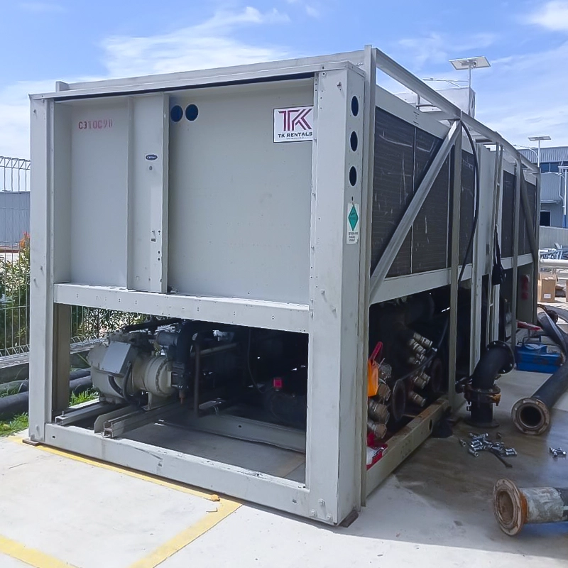 A display of TK Rentals’ Air-Cooled Chiller rental unit.