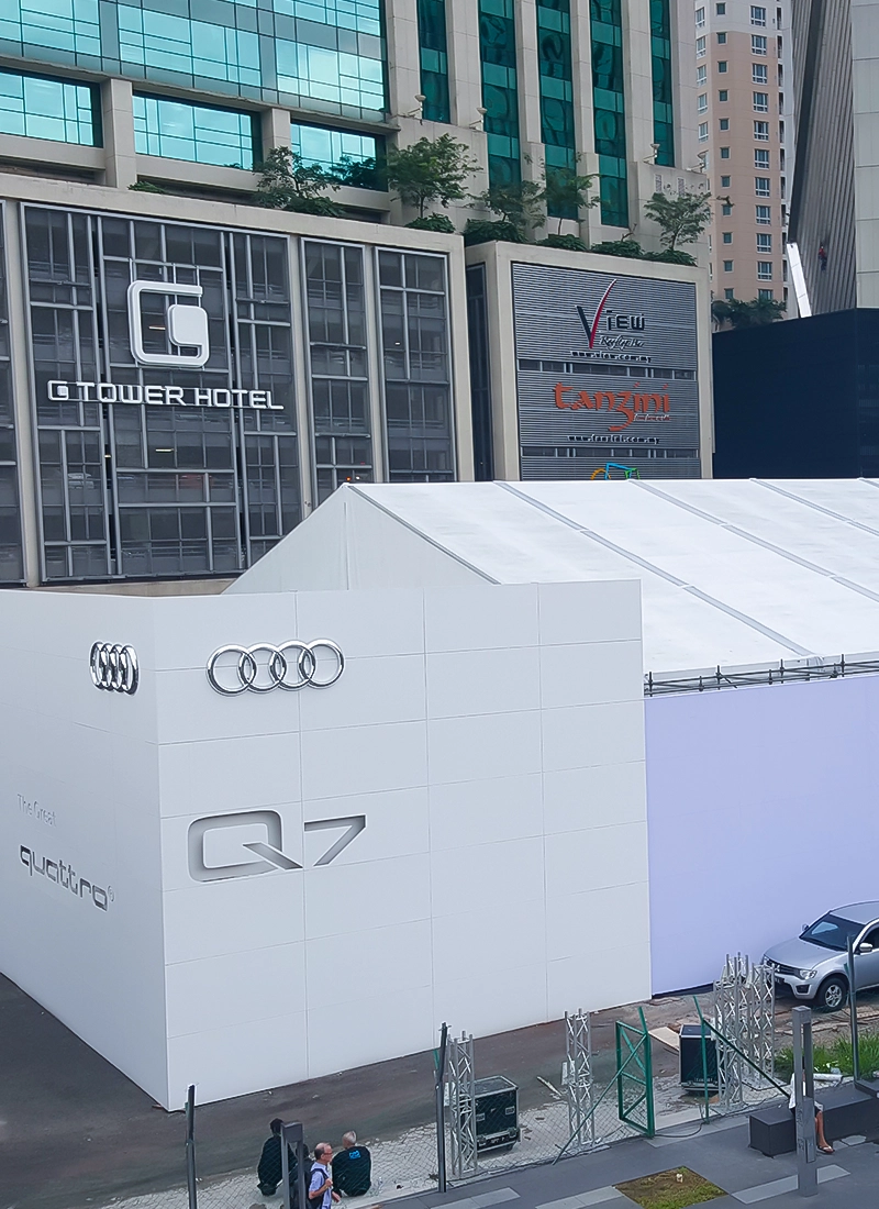 The display of TK Rental’s tentage setup for the Audi Q7 event at KL G Tower.