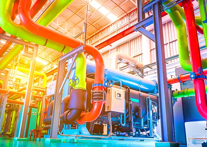 An intricate plumbing setup of a water system, ideal for chiller rental units.