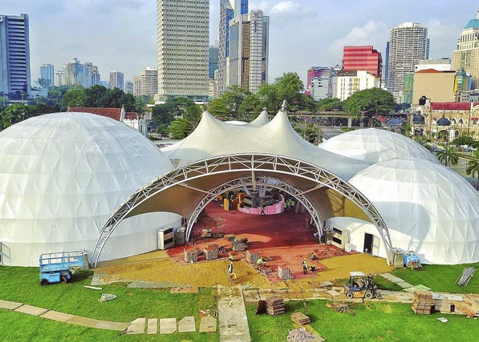 An aerial shot of a Dome Tent rental unit in an outdoor setting.
