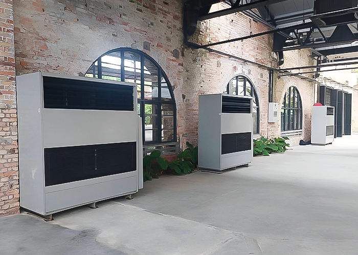 A display of TK Rentals’ 23HP / 36HP Floor Standing air cond rental units in an indoor setting.