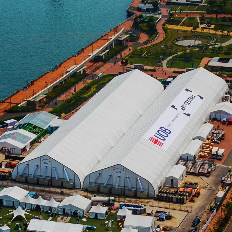 Aeriel view of TK Rental’s tentage display setup for the Hong Kong Art Gallery event.