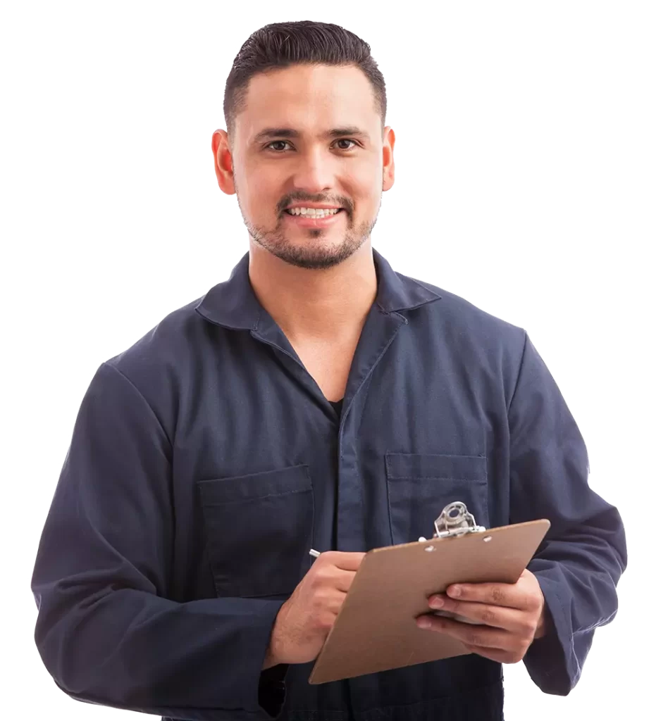 A stock portrait of a young man with a clipboard in his hands.