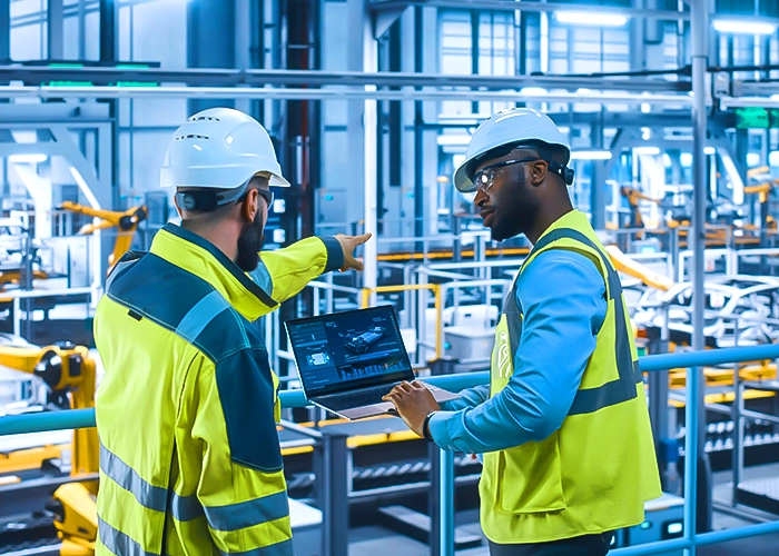 Two industrial workers are seen engaged in a discussion, wearing hard hats in a professional chiller rental setting.