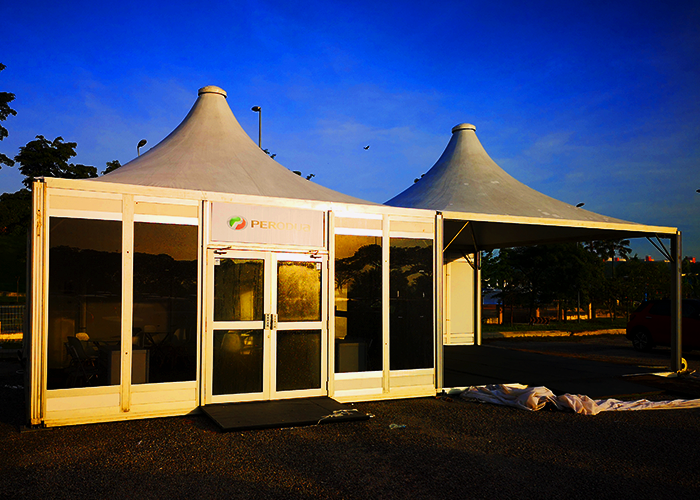 A frontal shot of a Modular Tent rental setup in an outdoor setting.