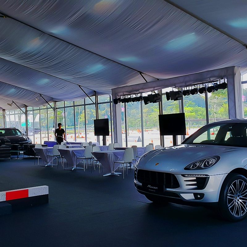 The interior view of TK Rental’s tentage display setup for the Porsche event.