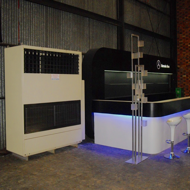 A display of TK Rentals’ 10HP Floor Standing air cond rental units, next to a bar setup.