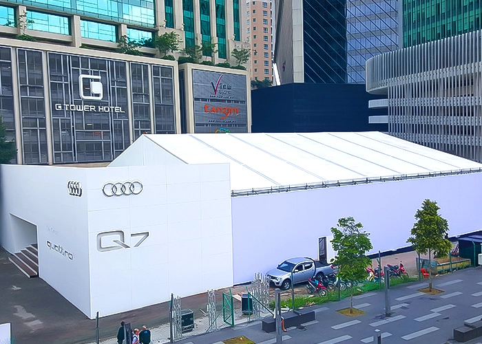 An aerial shot of TK Rental’s tentage setup for the Audi Q7 event at KL G Tower.