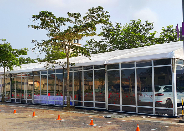 TK Rentals’ Transparent Panel Tent rental on display for an exhibition.