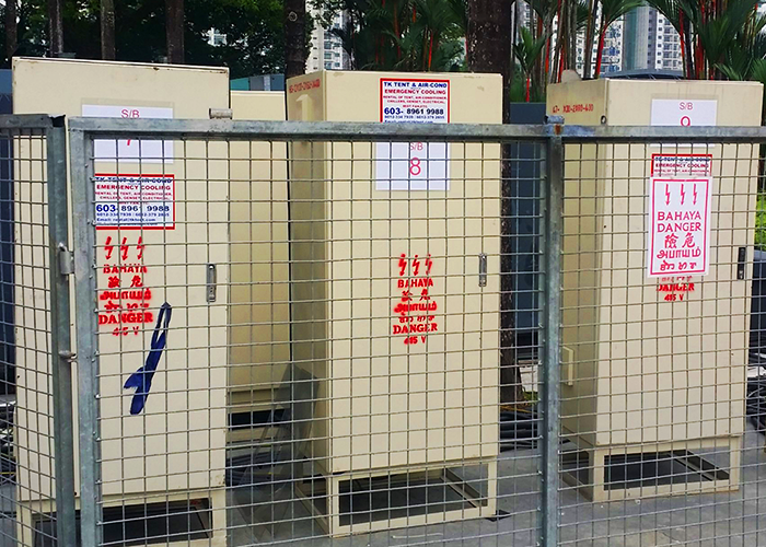 TK Rentals’ various sizes of S Distribution Boards in a barricaded display.