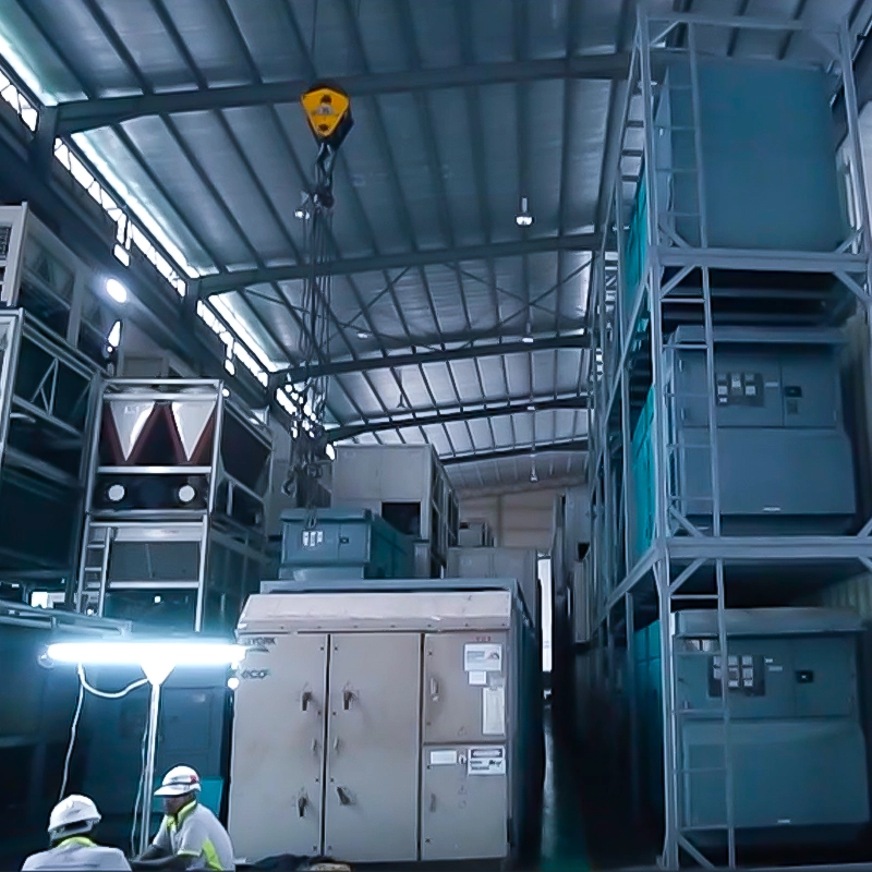 The interior view of TK Rentals’ operational warehouse featuring various chiller rental machinery and equipment.